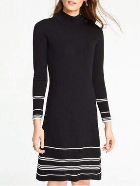 Ann Taylor Medium Mock Neck Black White Stripes Sweater Dress with Gold Buttons